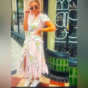 Zara Light Pink Floral Ruffle Asymmetrical Midi Dress Medium